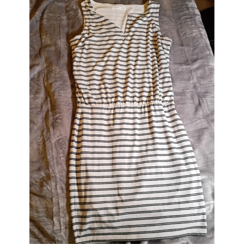 Athleta Santorini Striped Linen Blend Sleeveless Dress White Black Medium 438828